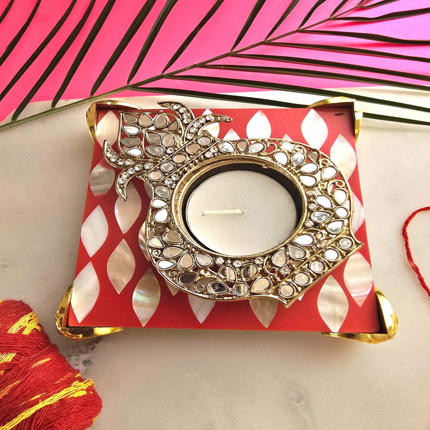 Metal kalash shap Diya with Red MOP Pooja Platter With Box