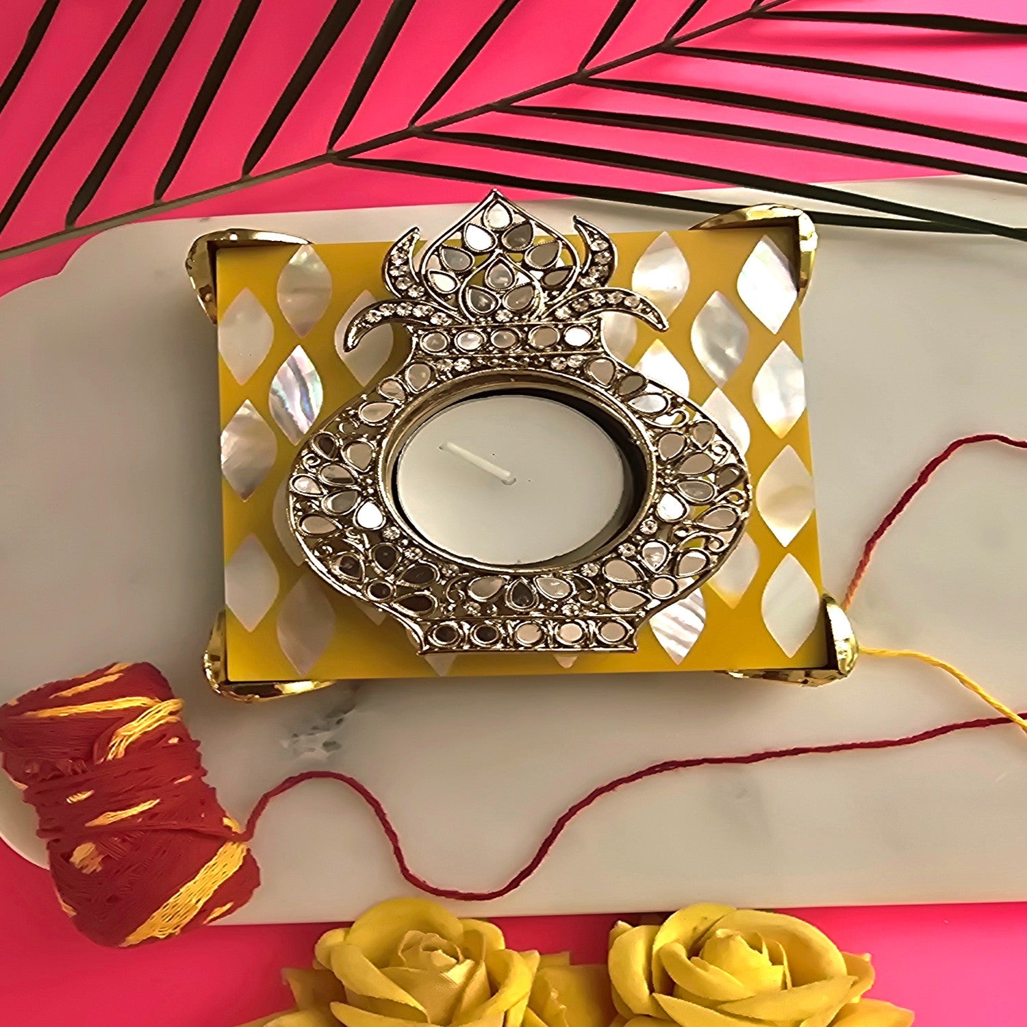 Metal kalash shap Diya with Yellow MOP Pooja Platter With Box