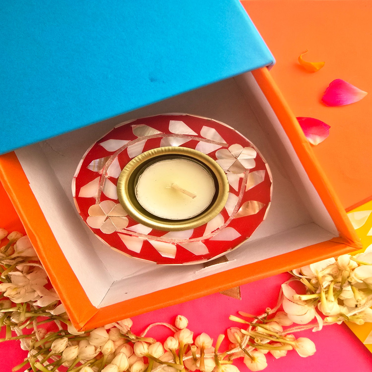 Mother Of Pearl Red Round Tea Light Holder