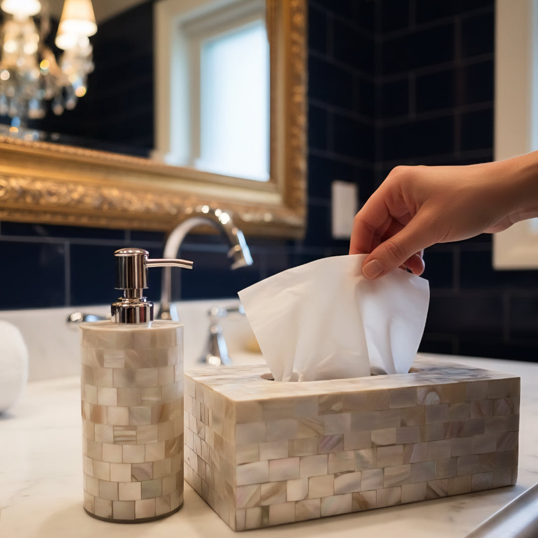 Mother of Pearl Round Soap Dispenser with Tissue Box