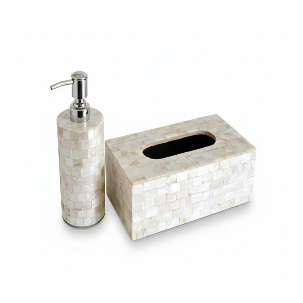 Mother of Pearl Round Soap Dispenser with Tissue Box