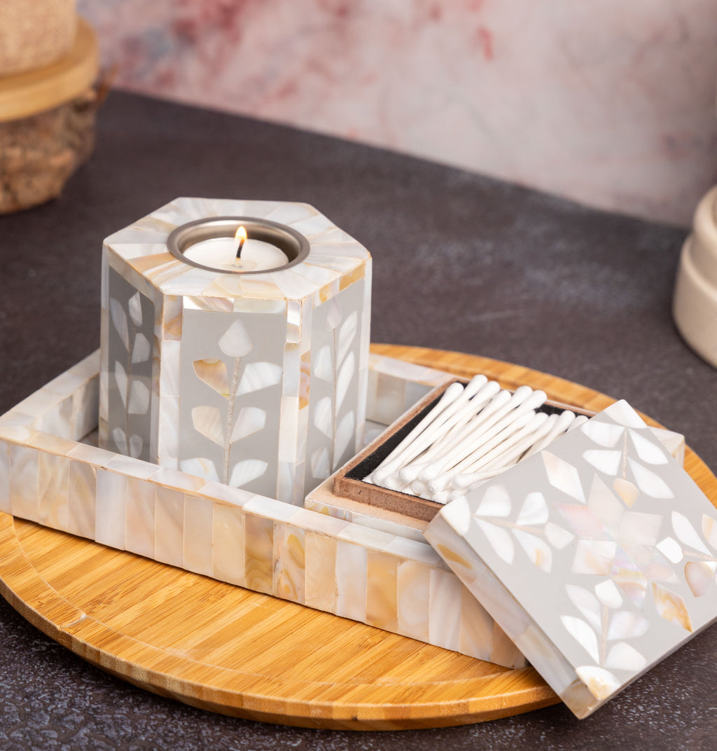 Mother of Pearl Tealight Holder with Tray and Small Box Set of 3