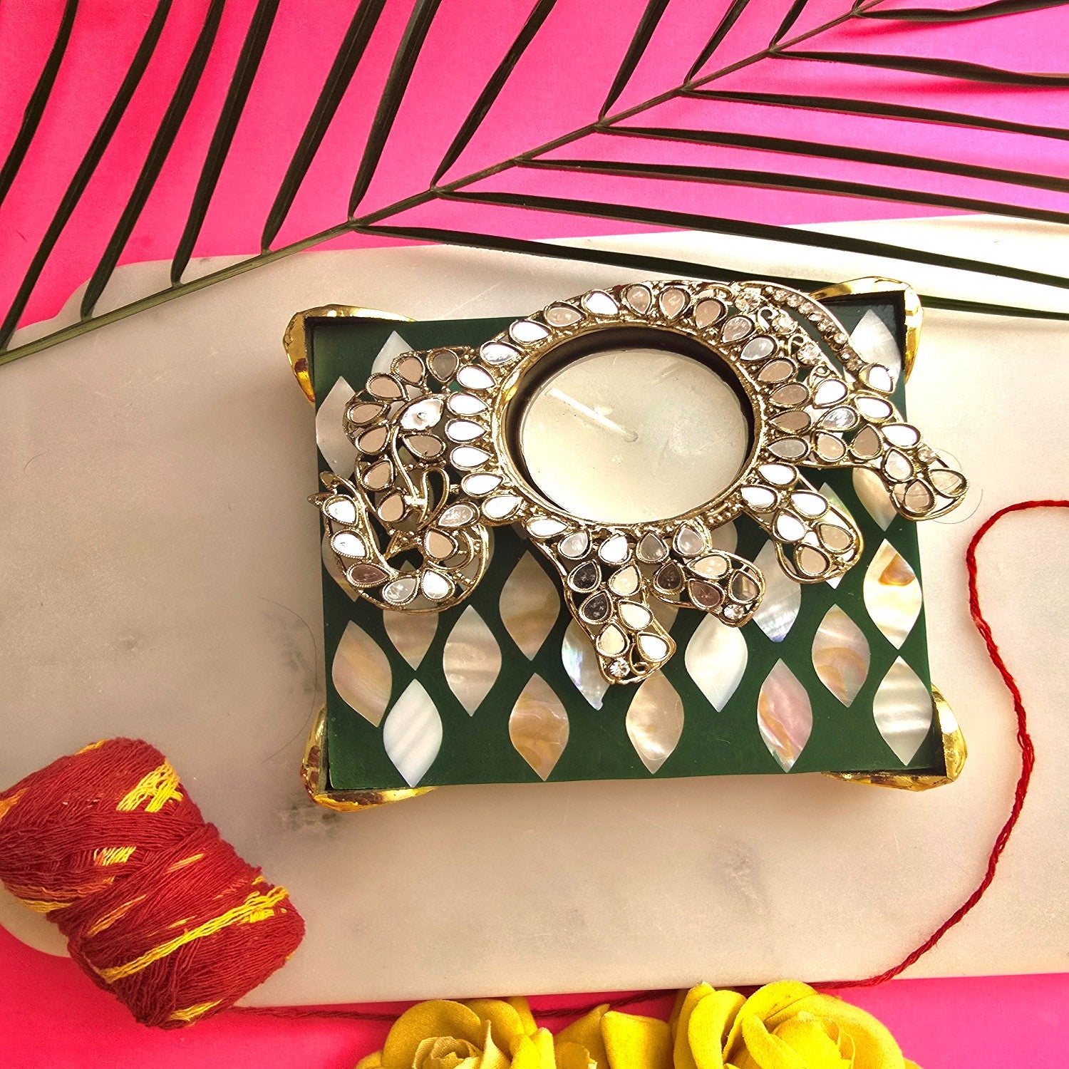 Metal Elephant Shape Diya with Green MOP Pooja Platter With Box