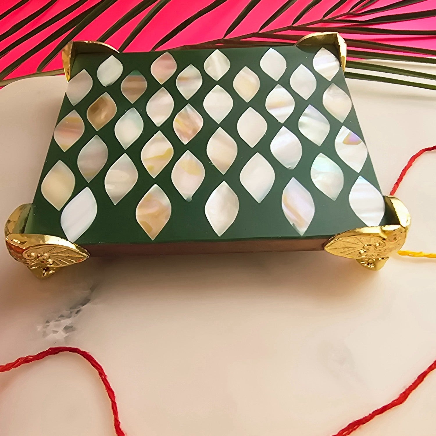 Metal Elephant Shape Diya with Green MOP Pooja Platter With Box