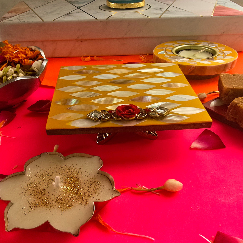 Mother Of Pearl Yellow Choki , Tea Light Holder And Candle