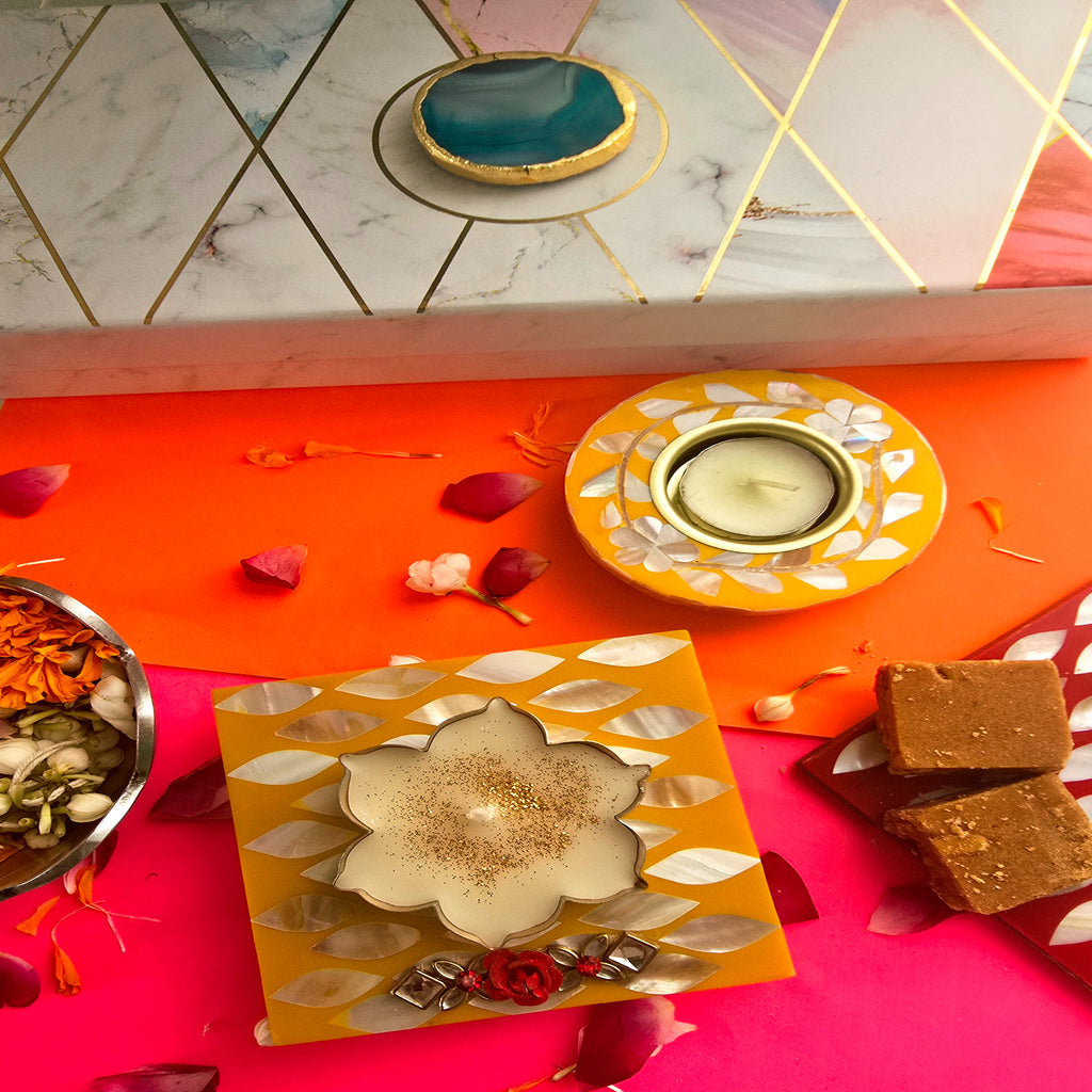 Mother Of Pearl Yellow Choki , Tea Light Holder And Candle