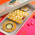 Mother Of Pearl Yellow Choki , Tea Light Holder And Candle