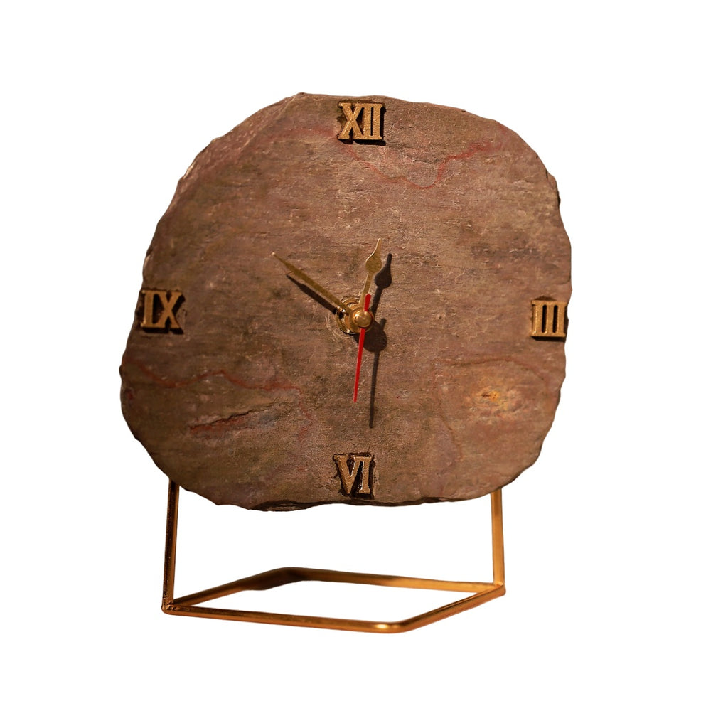Natural Brown Peacock Slate Desktop Clock