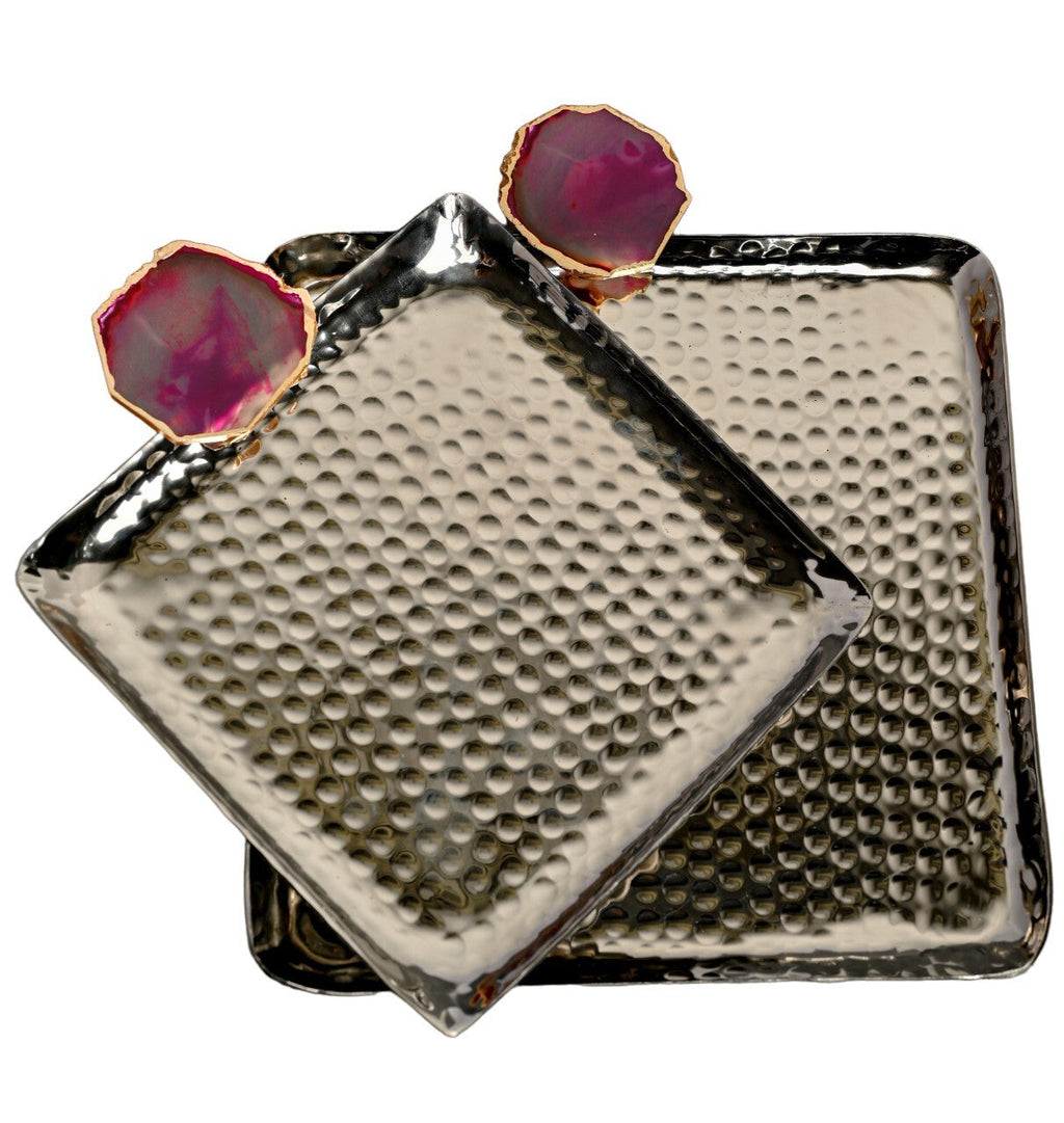Square Aluminum Tray with Pink Agate