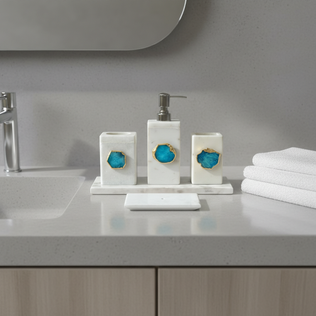 White Marble with Turquoise Agate Bathroom Set, Set of 5