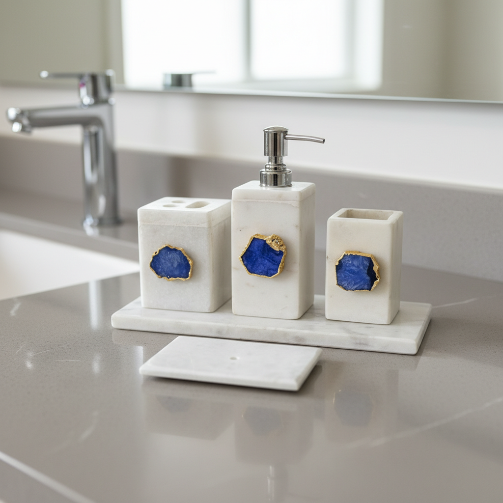White Marble with Blue Agate Bathroom Set, Set of 5