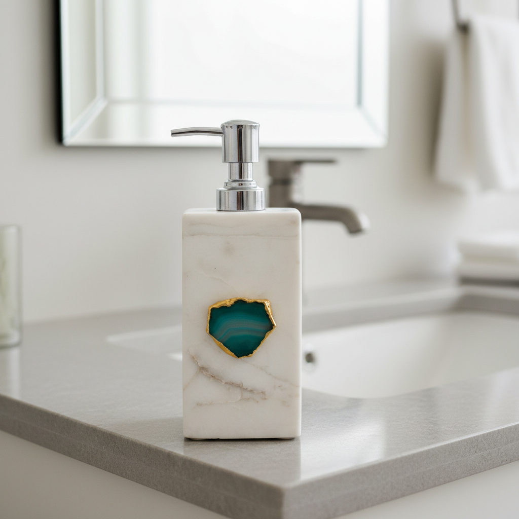 White Marble with Green Agate Soap Dispenser