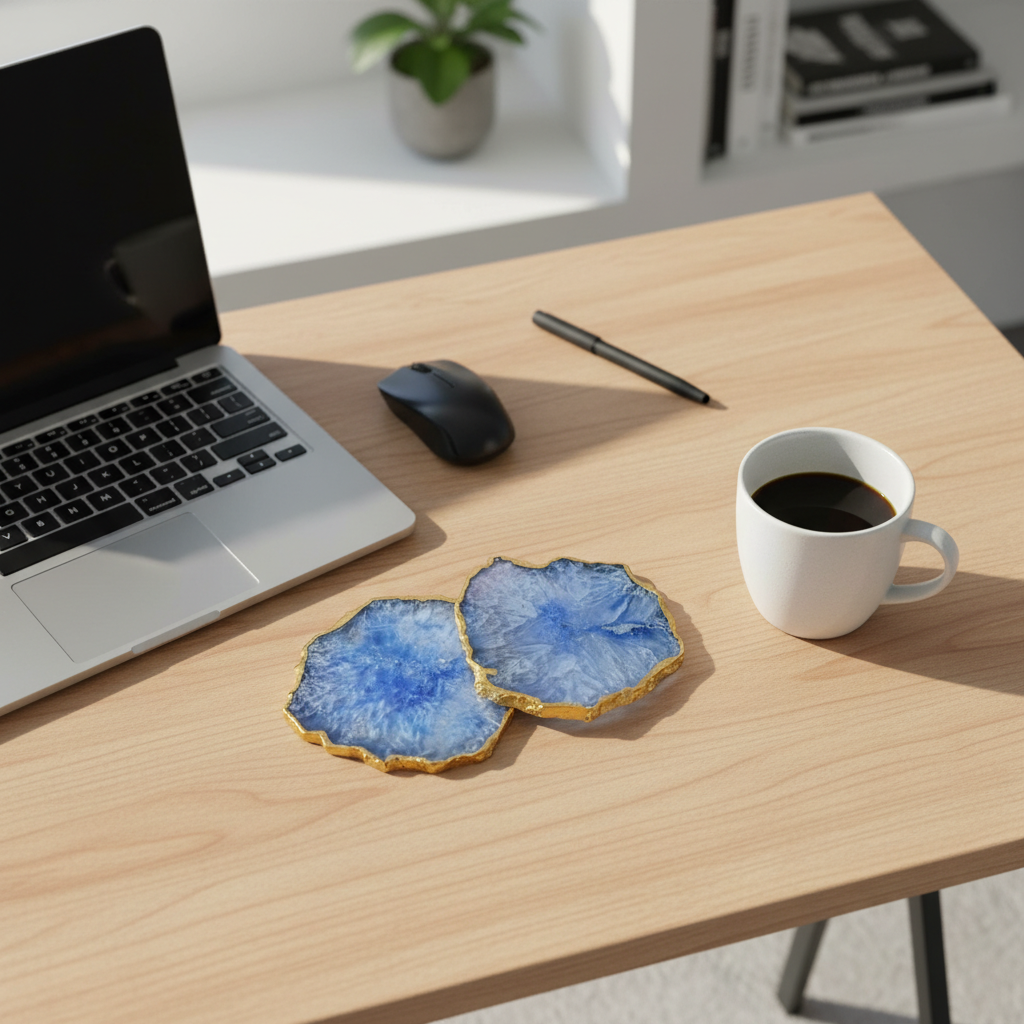 Blue Crystal Agate Coaster With Gold Plating Set of 2