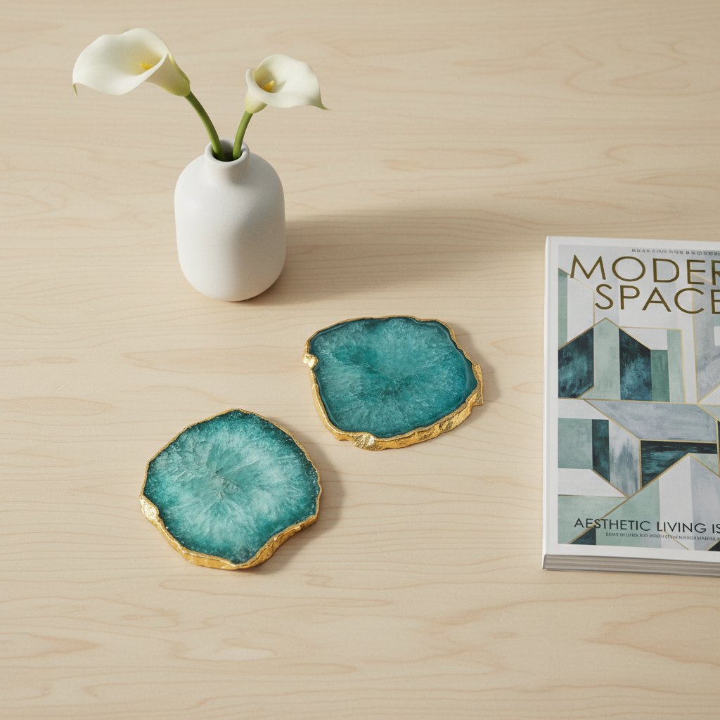 Blue Crystal Agate Coaster With Gold Plating Set of 2