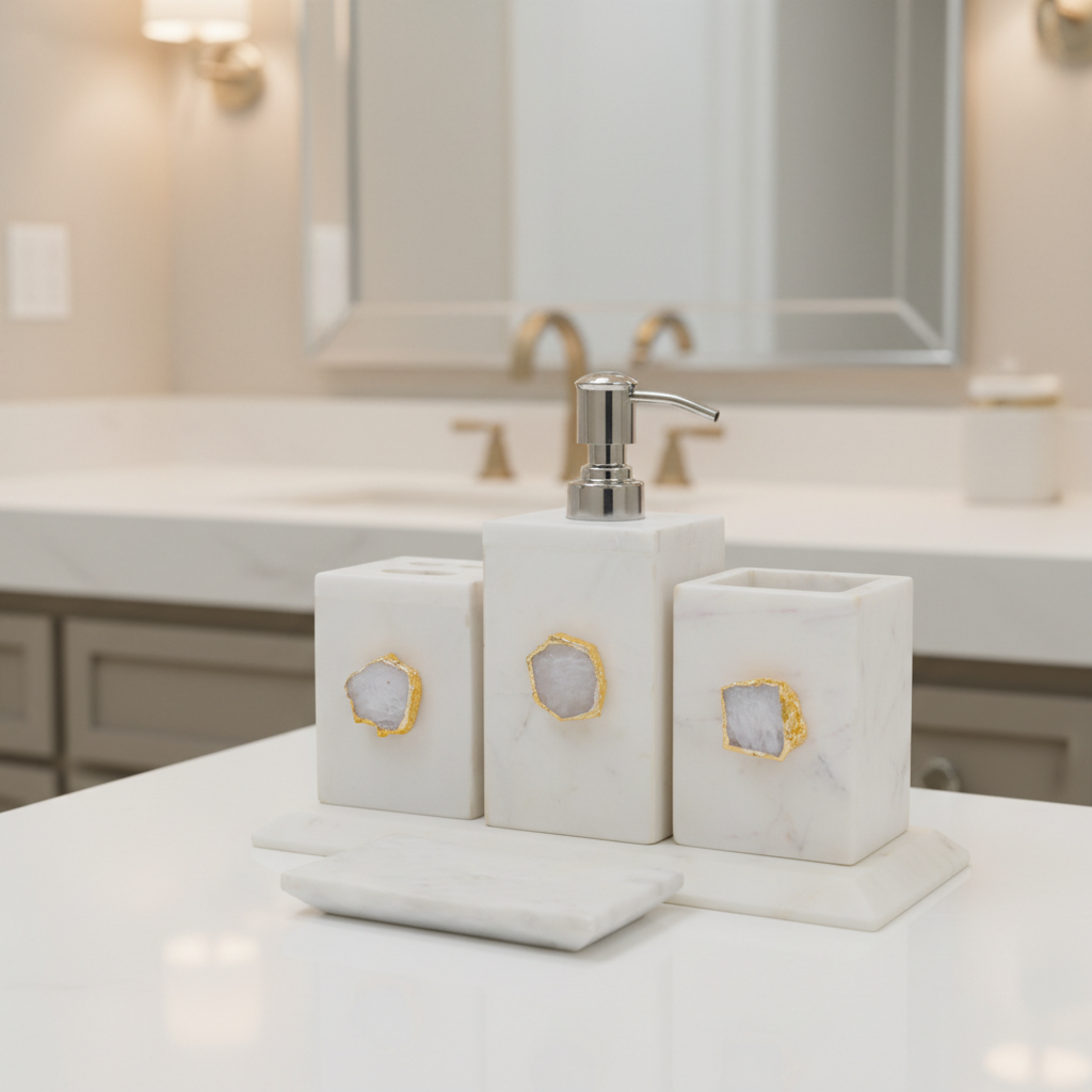 White Marble with White Agate Bathroom Set, Set of 5