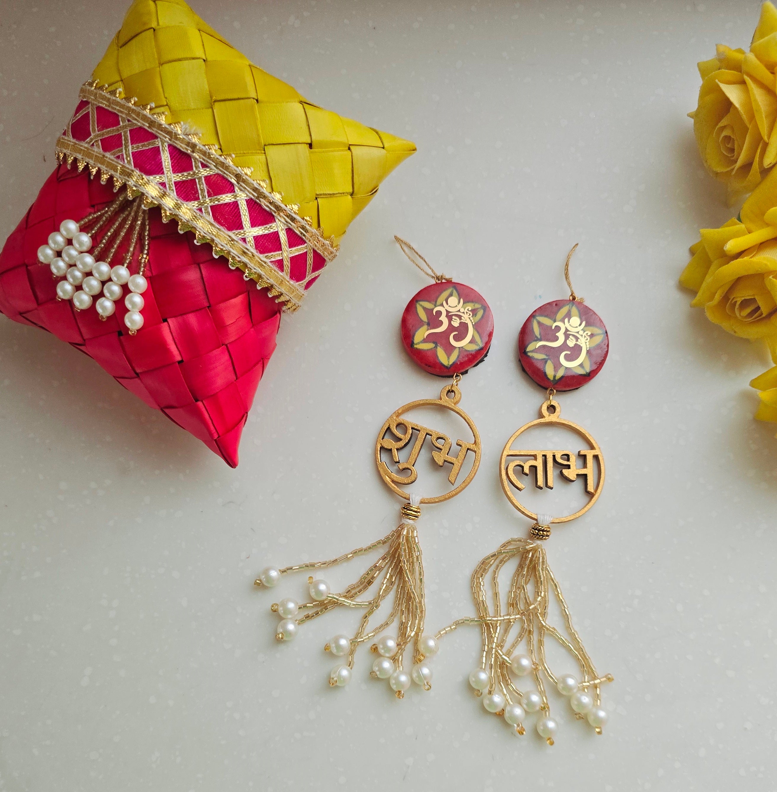 Blue Pottery Red Floral Print Om Ganesha Shubh Labh Door Hangings