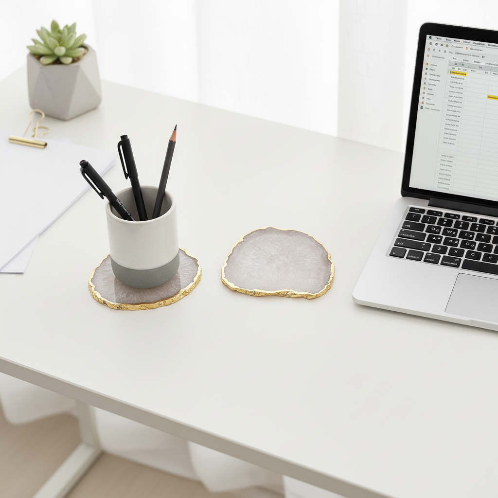 White Crystal Agate Coaster With Gold Plating Set of 2