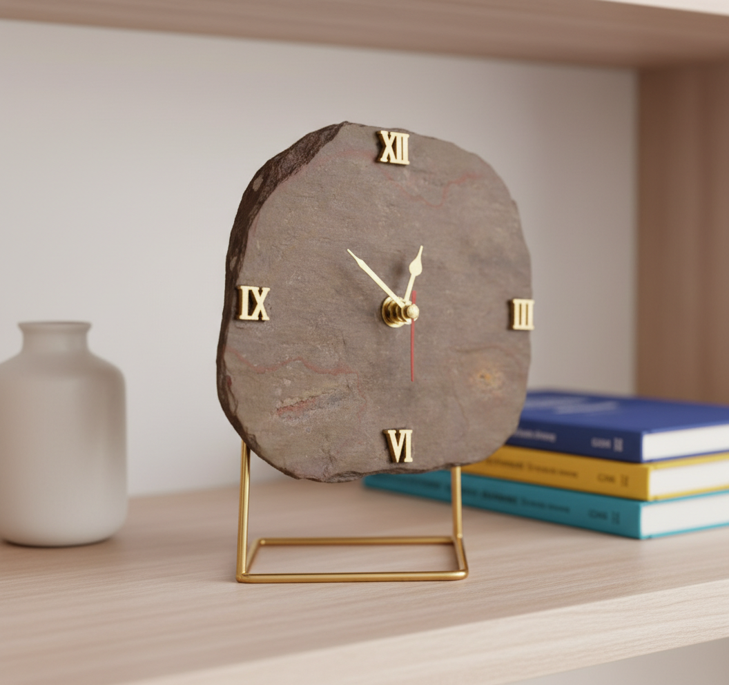 Natural Brown Peacock Slate Desktop Clock