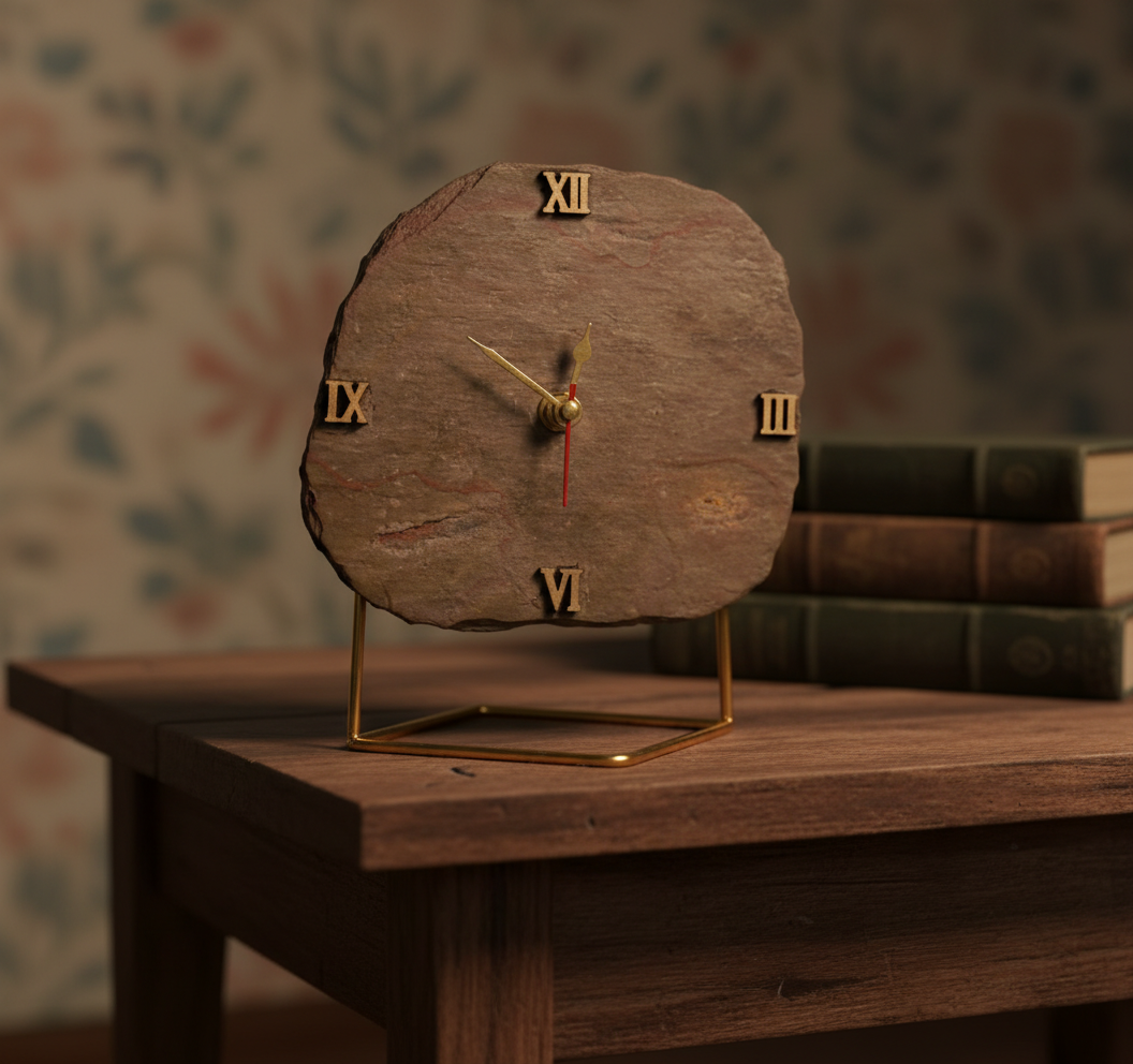 Natural Brown Peacock Slate Desktop Clock