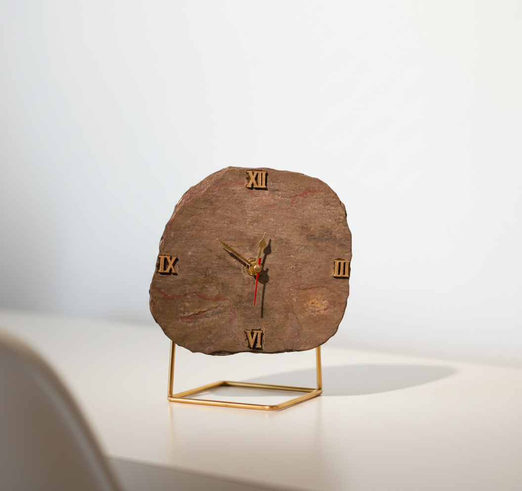Natural Brown Peacock Slate Desktop Clock