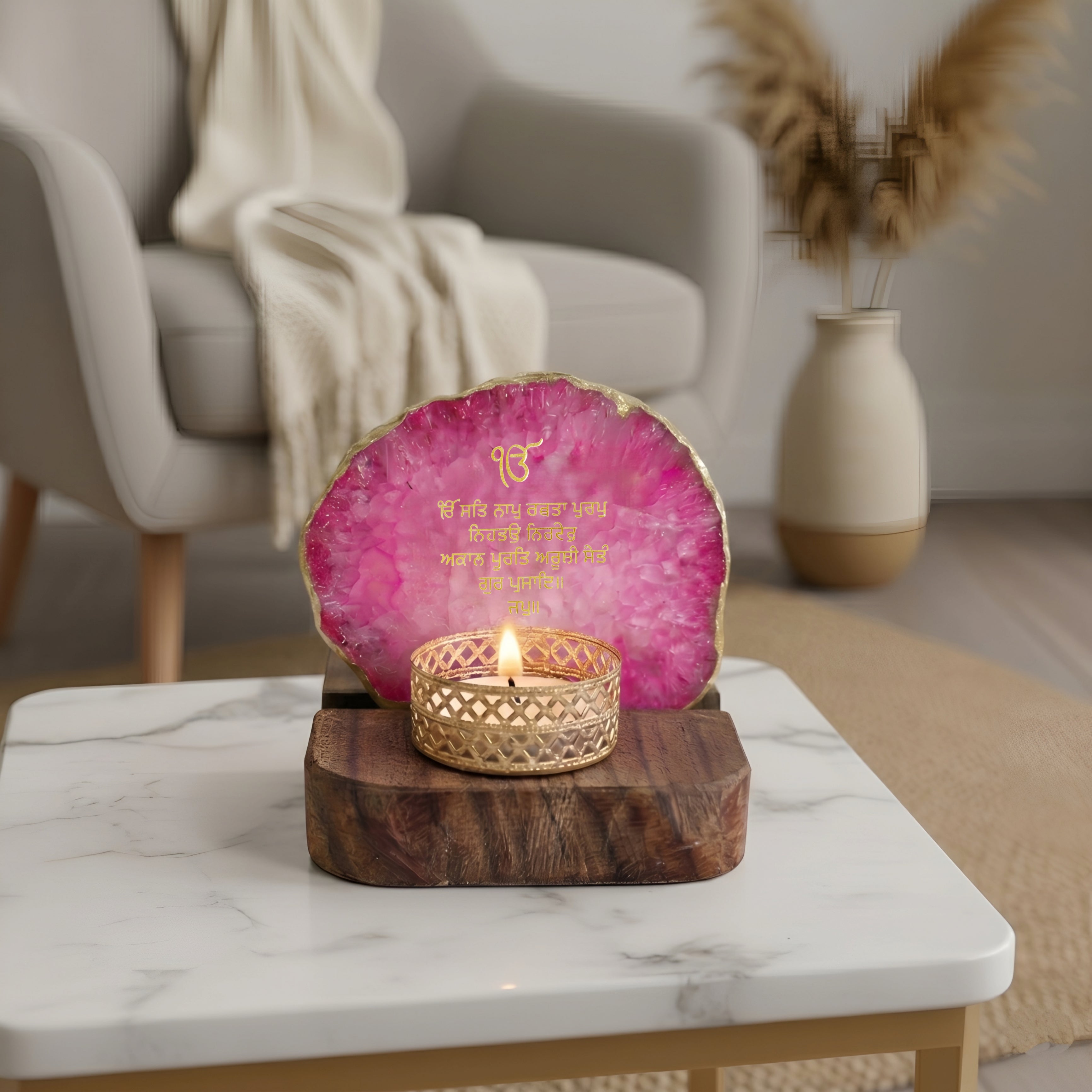 Ik Onkar Mantra Pink Agate Tealight Wooden