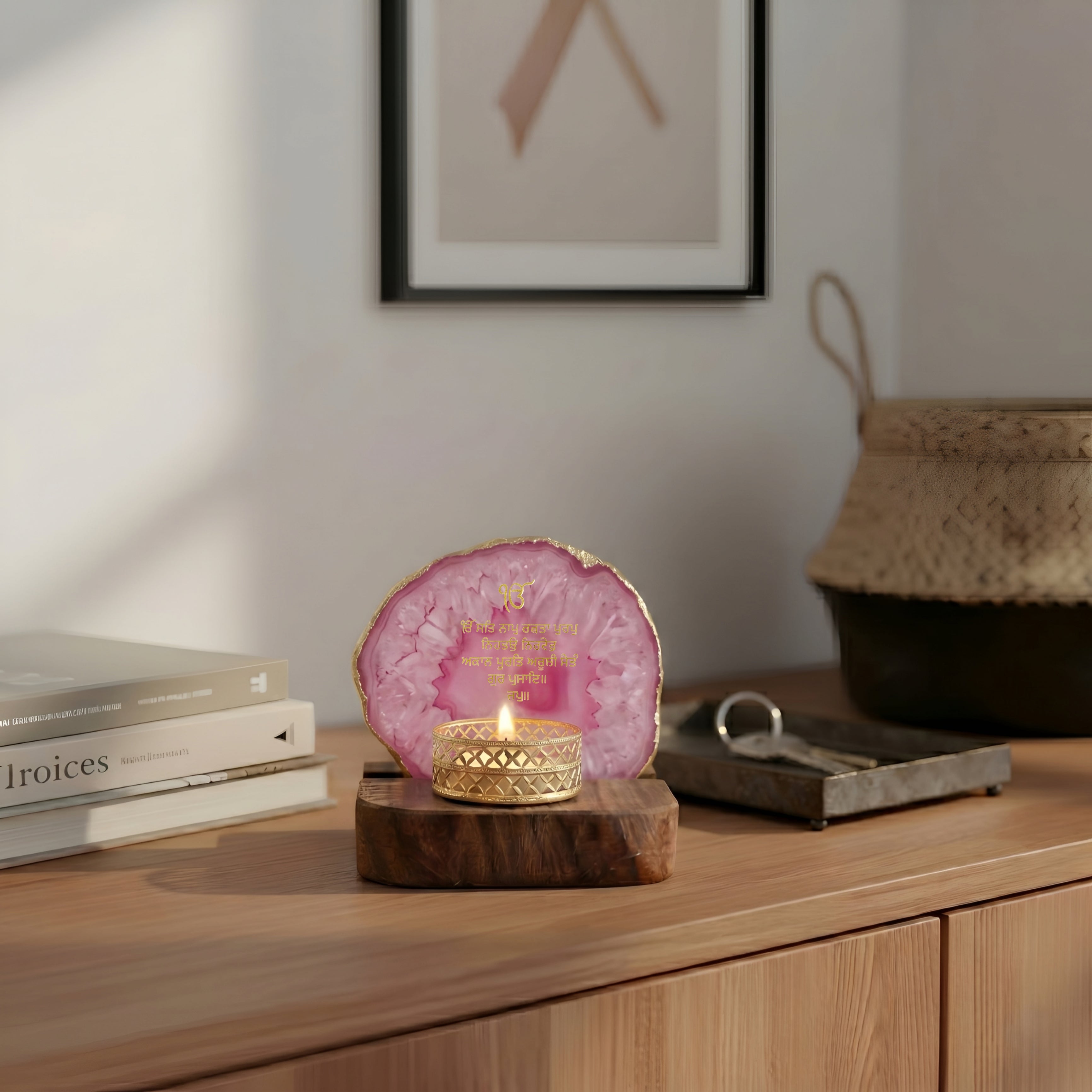 Ik Onkar Mantra Pink Agate Tealight Wooden