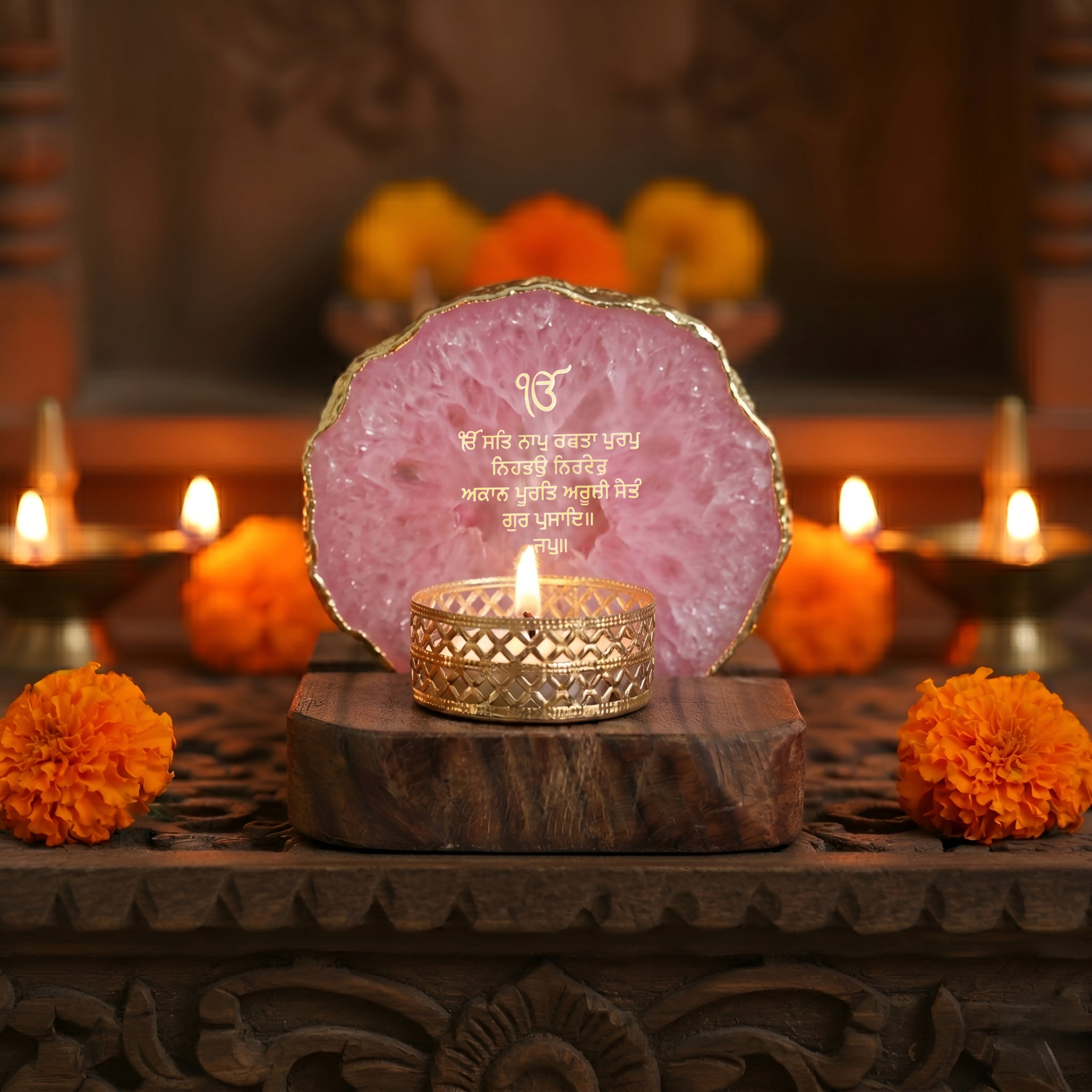 Ik Onkar Mantra Pink Agate Tealight Wooden