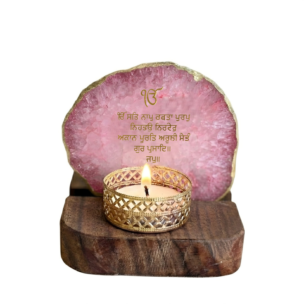 Ik Onkar Mantra Pink Agate Tealight Wooden