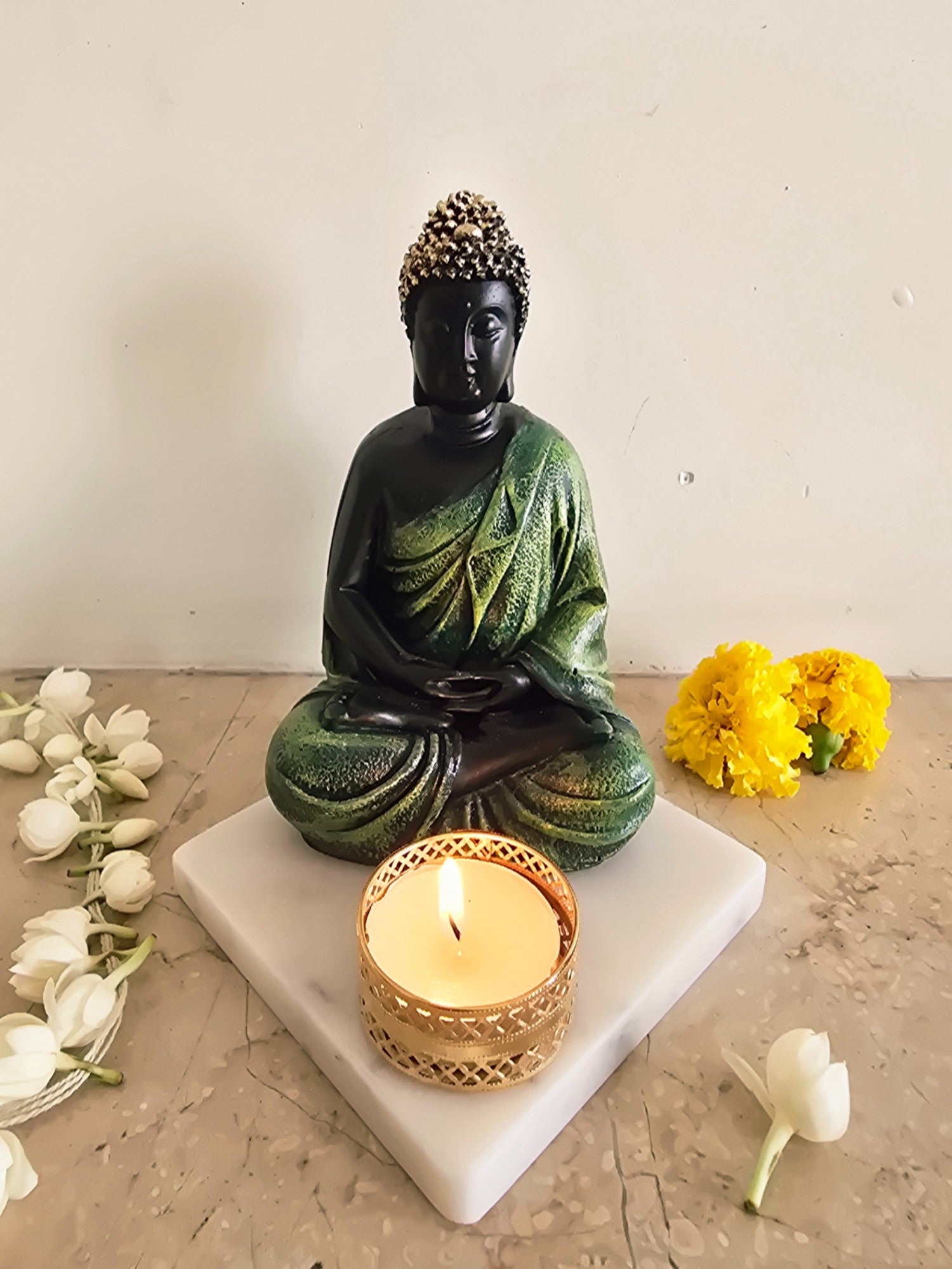 Green Meditating Buddha Idol with Tealight Candle Holder