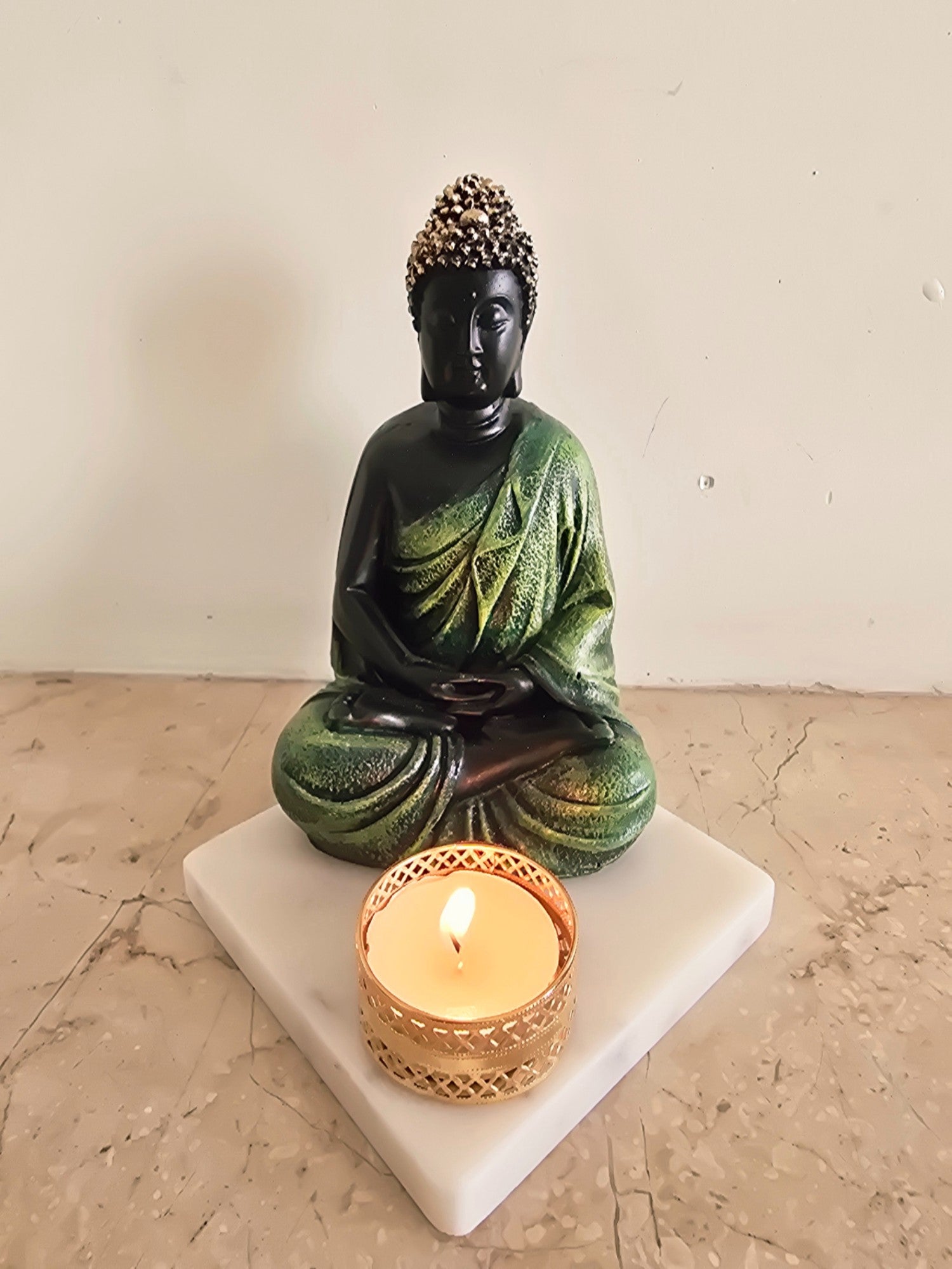 Green Meditating Buddha Idol with Tealight Candle Holder