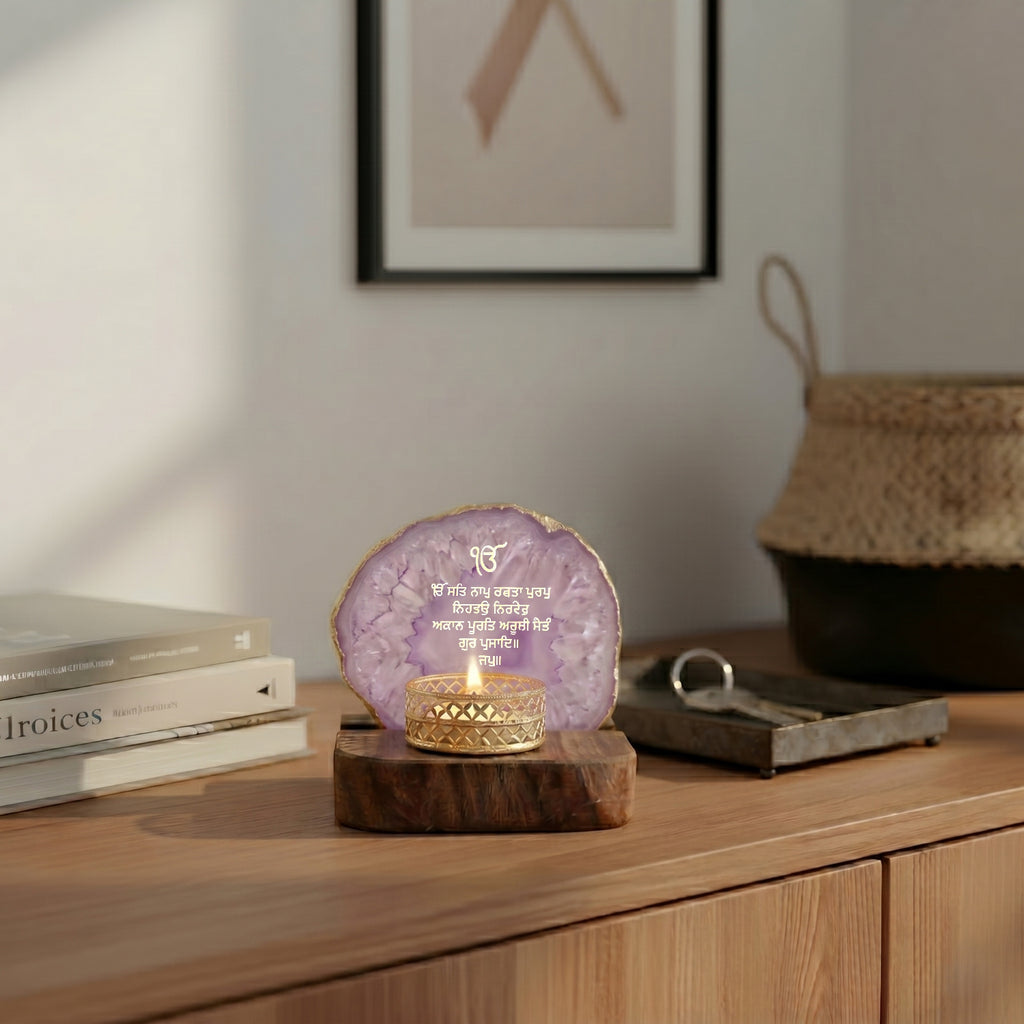 Ik Onkar Mantra Purple Agate Tealight Wooden