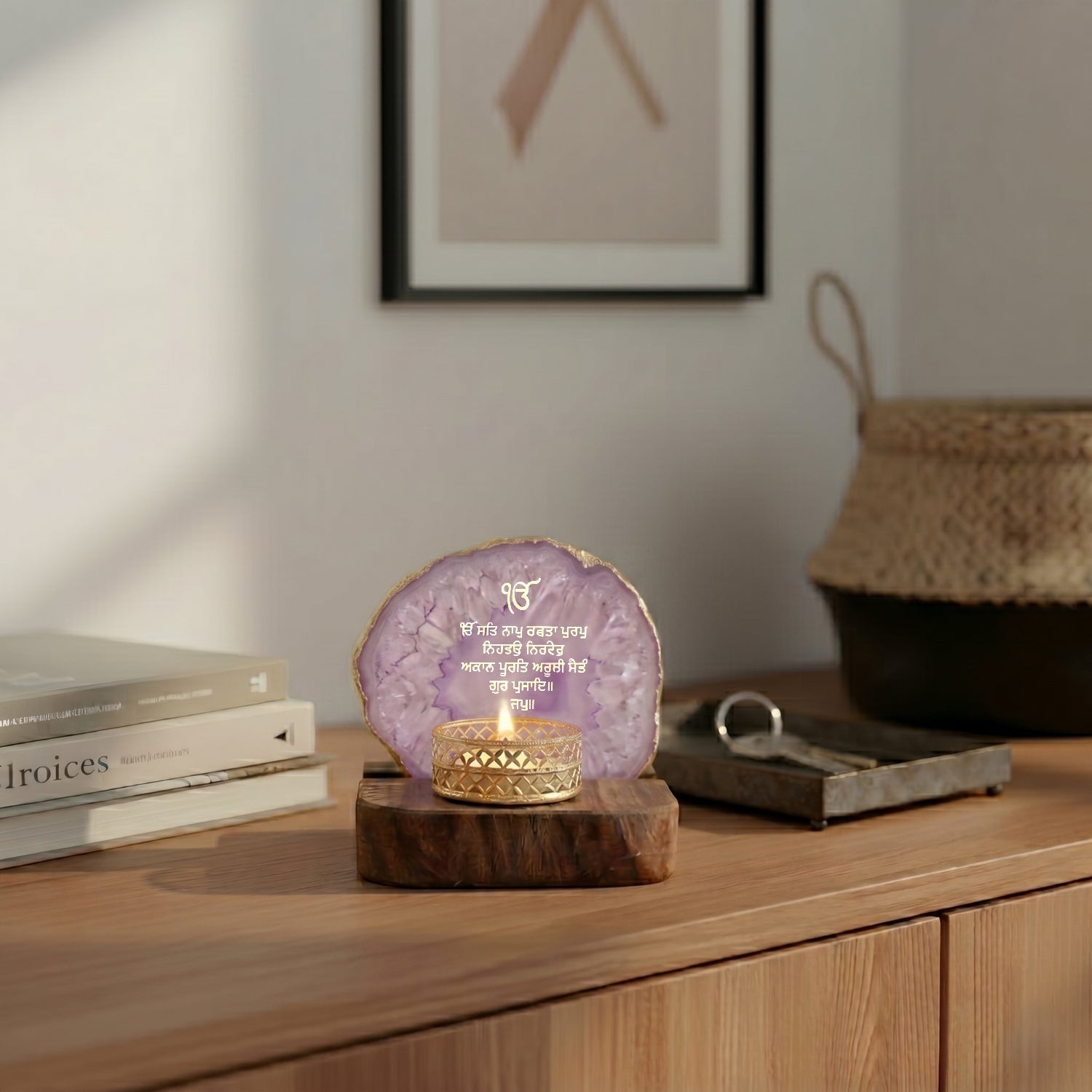 Ik Onkar Mantra Purple Agate Tealight Wooden