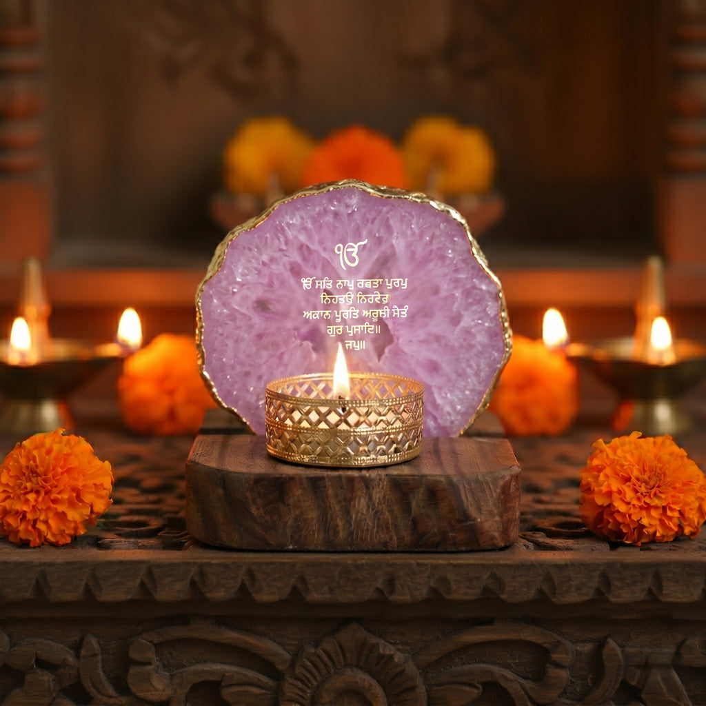 Ik Onkar Mantra Purple Agate Tealight Wooden