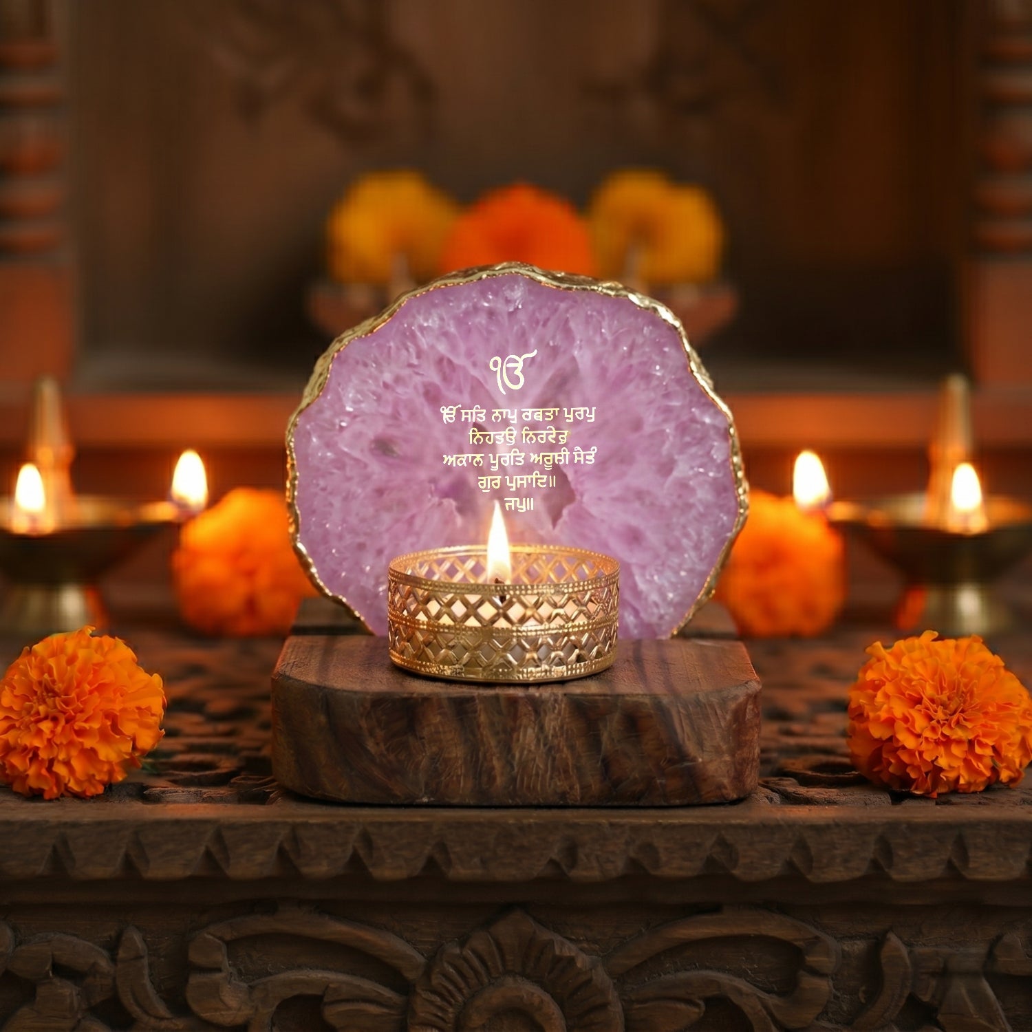 Ik Onkar Mantra Purple Agate Tealight Wooden