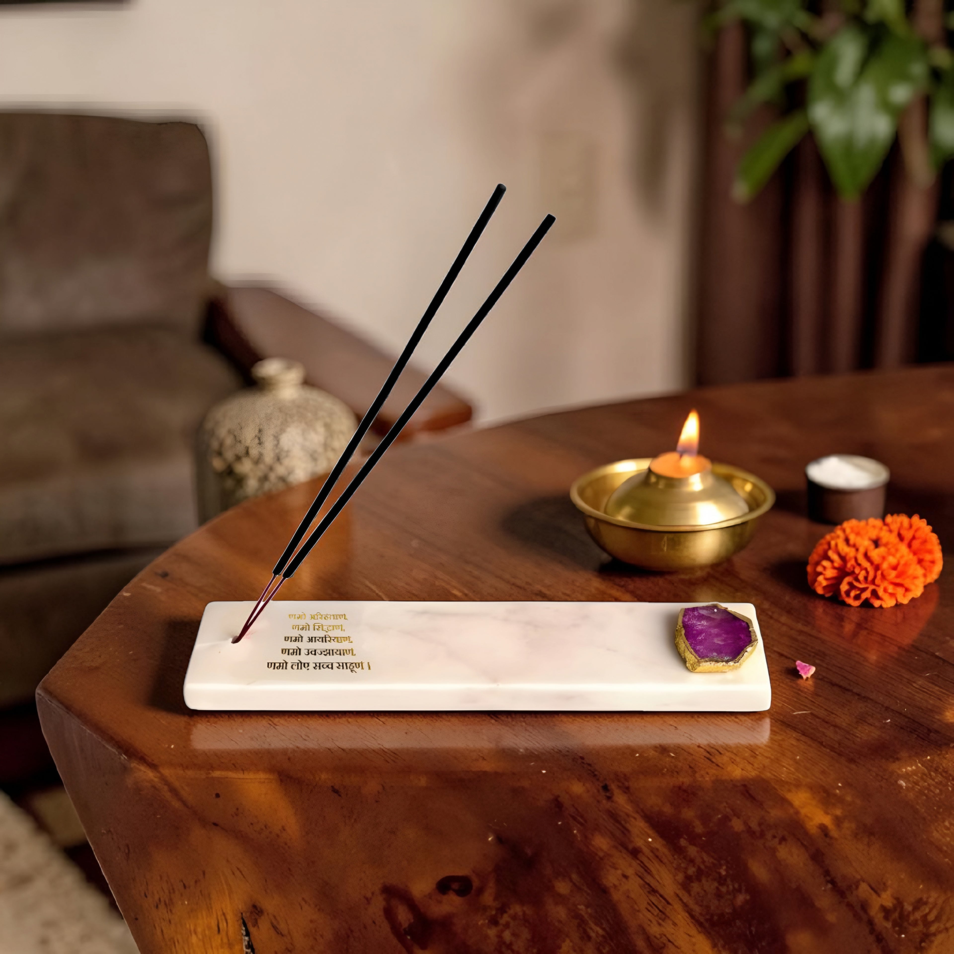 Marble with Agate Namokar Mantra Agarbatti Stand Puja Incense Stick Holder with Ash Catcher Incense Burner