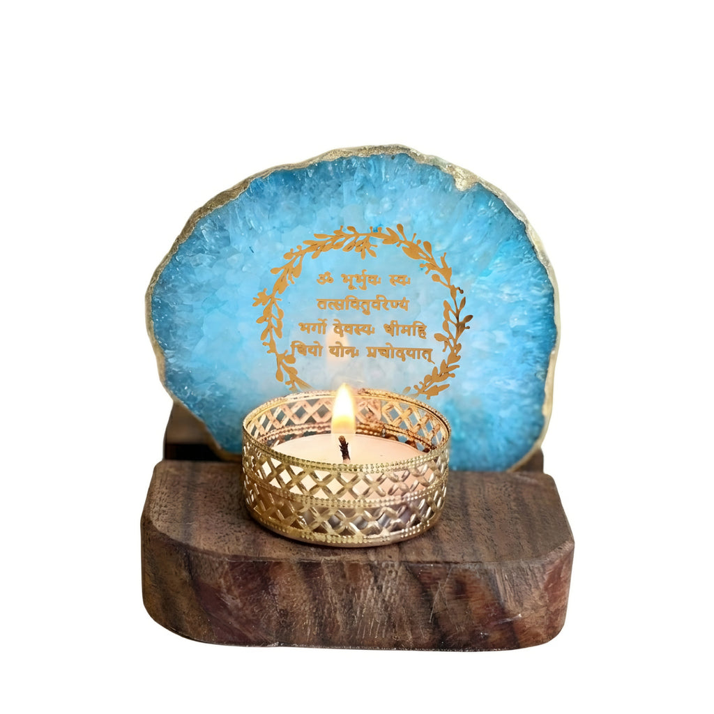 Gayatri mantra Agate Tea Light Holder  with Wood Stand