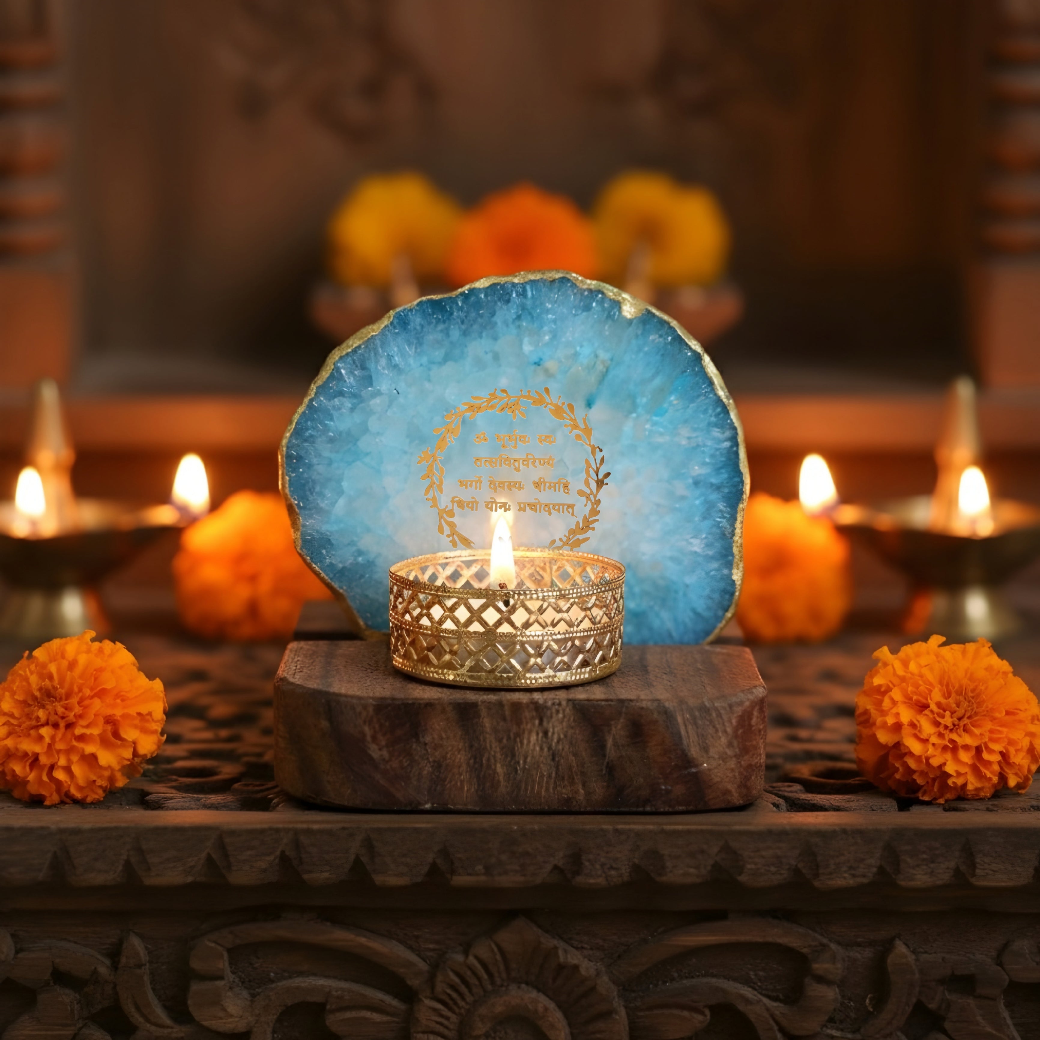 Gayatri mantra Agate Tea Light Holder  with Wood Stand