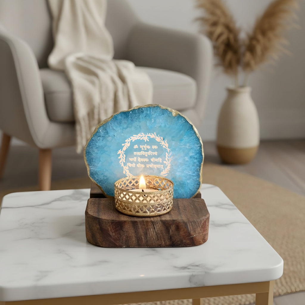 Gayatri mantra Agate Tea Light Holder  with Wood Stand
