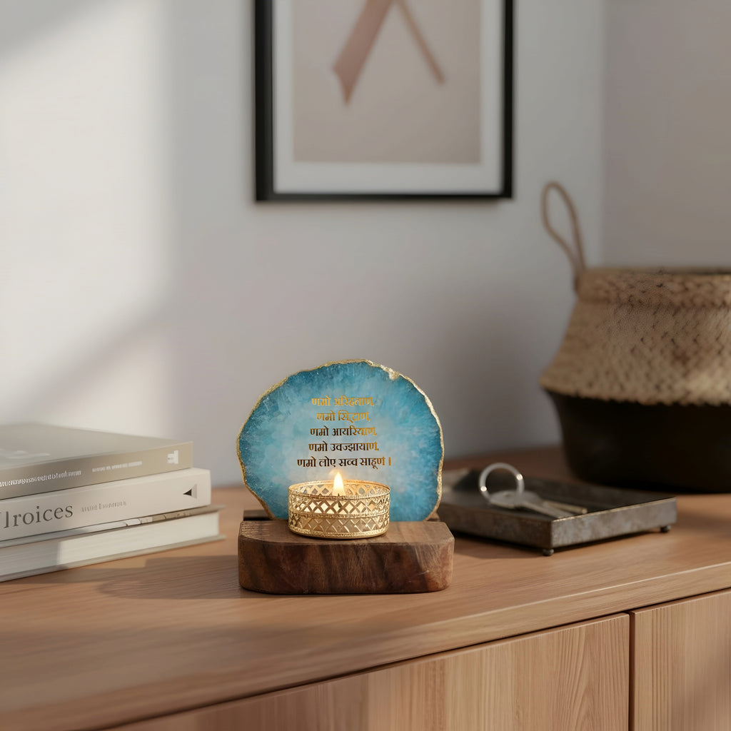 Namokar Mantra Agate Tea Light Holder  with Wood Stand