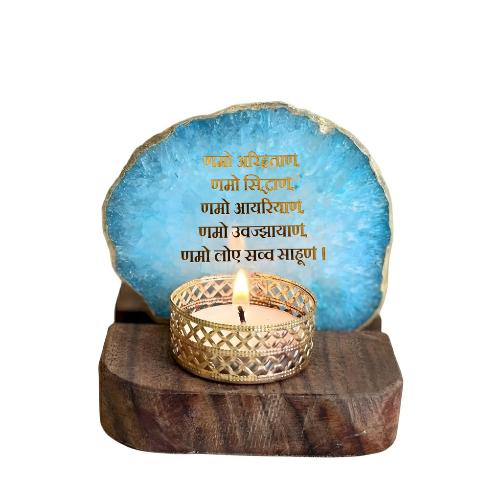 Namokar Mantra Agate Tea Light Holder  with Wood Stand