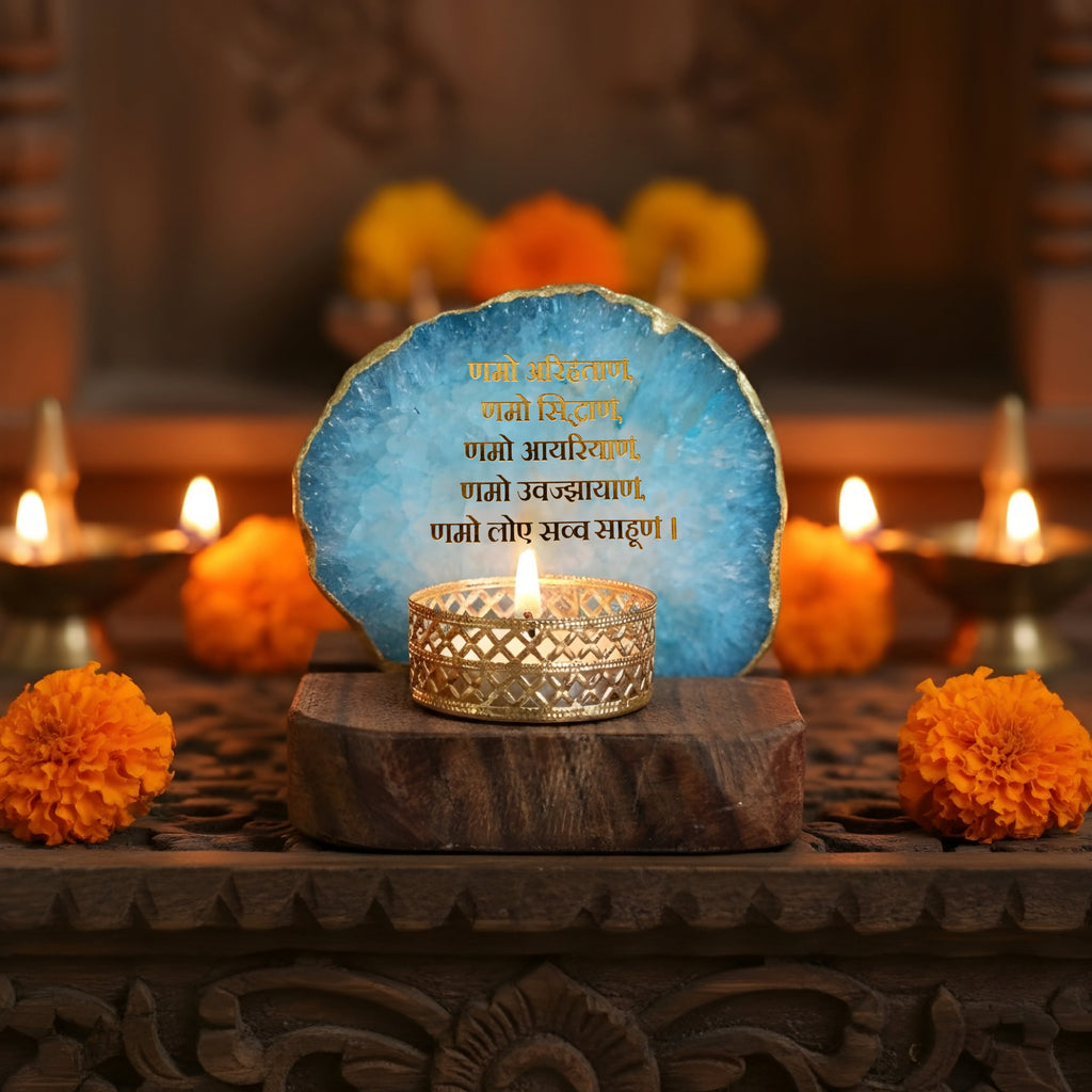 Namokar Mantra Agate Tea Light Holder  with Wood Stand