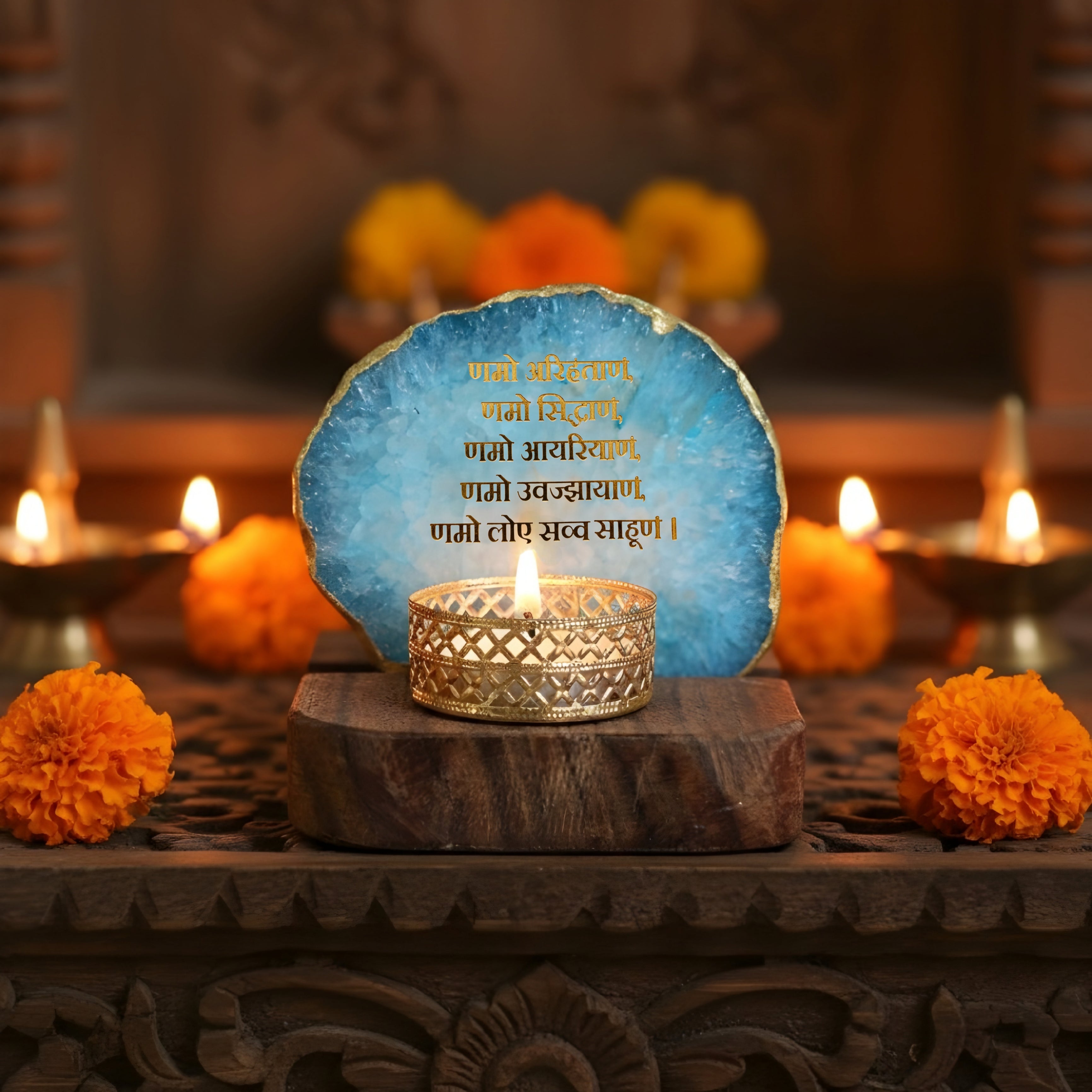 Namokar Mantra Agate Tea Light Holder  with Wood Stand