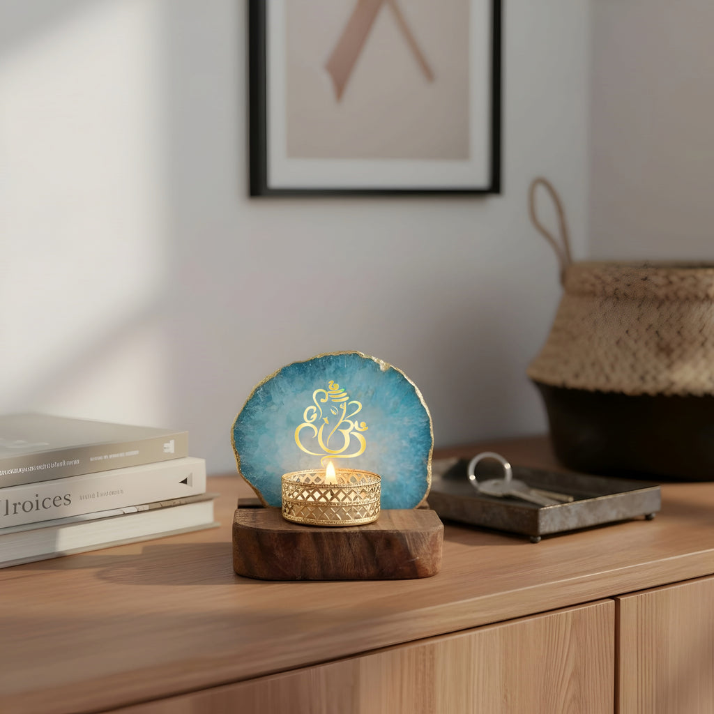 Agate Lord ganesh Tea Light Holder With Wooden Stand