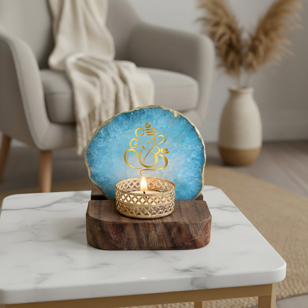 Agate Lord ganesh Tea Light Holder With Wooden Stand