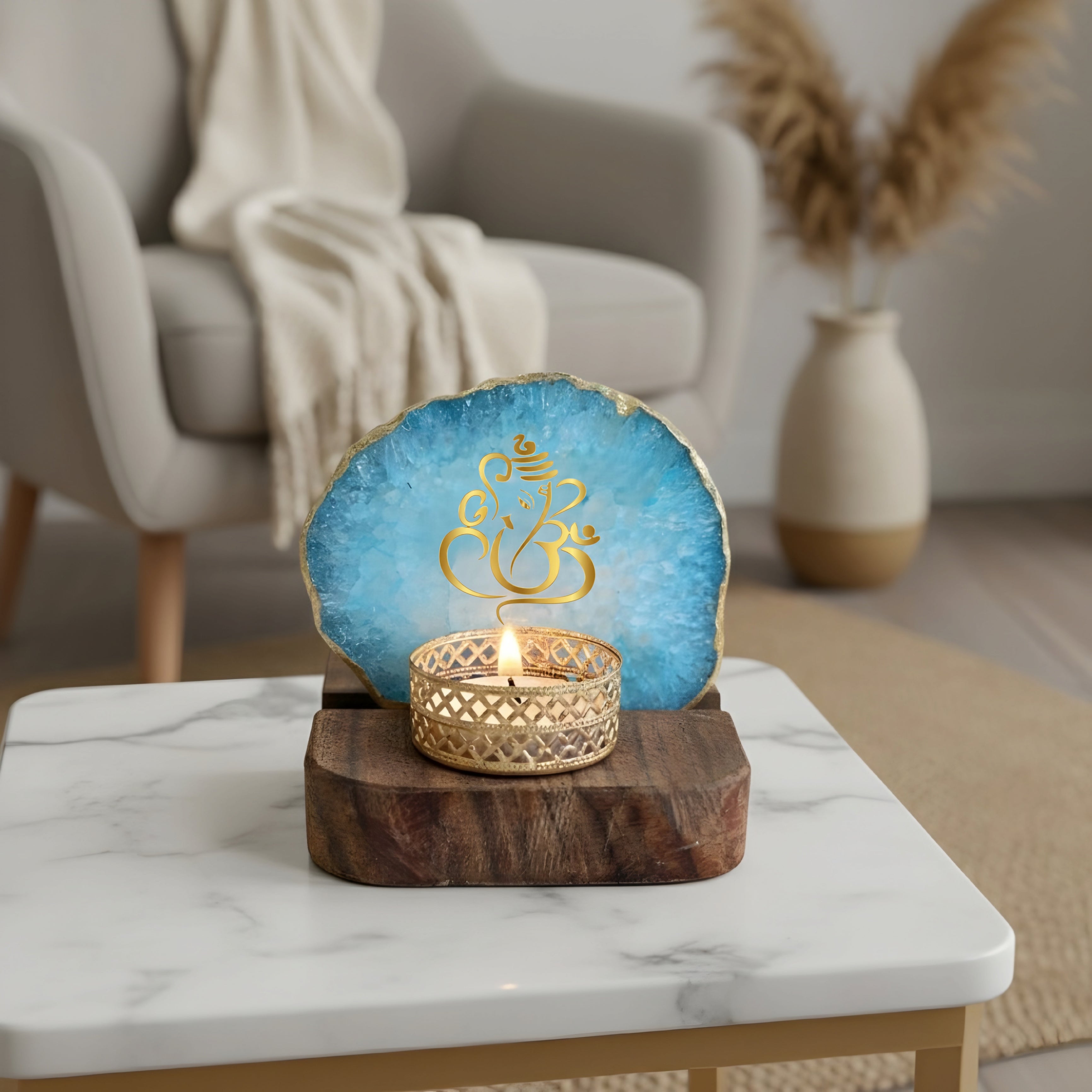 Agate Lord ganesh Tea Light Holder With Wooden Stand