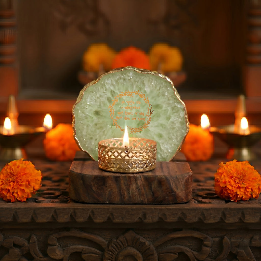 Gayatri mantra Agate Tea Light Holder  with Wood Stand