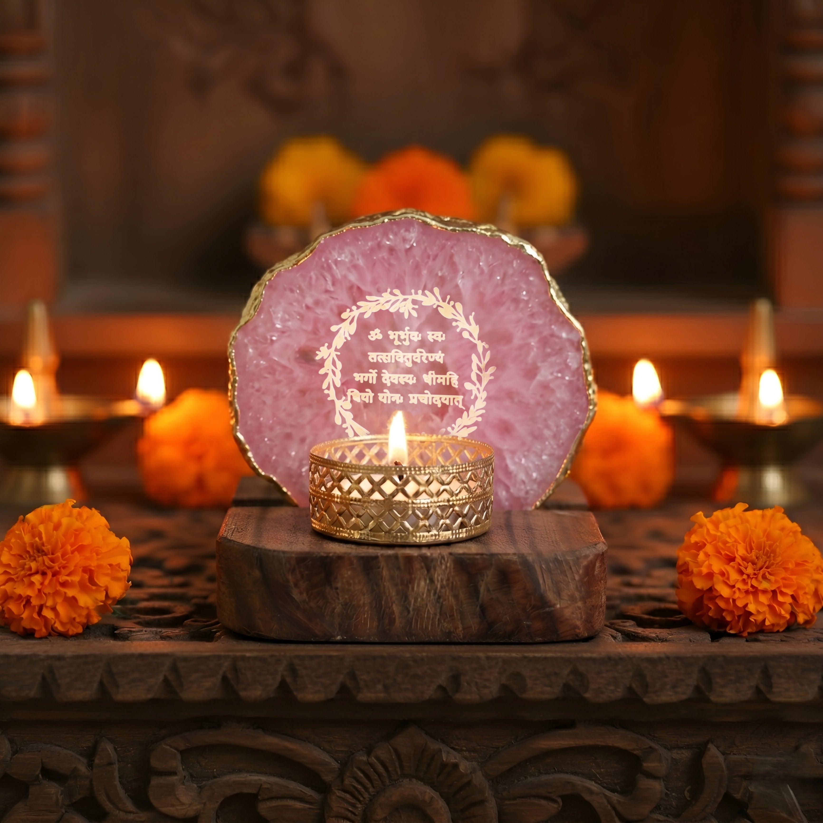 Gayatri mantra Agate Tea Light Holder  with Wood Stand