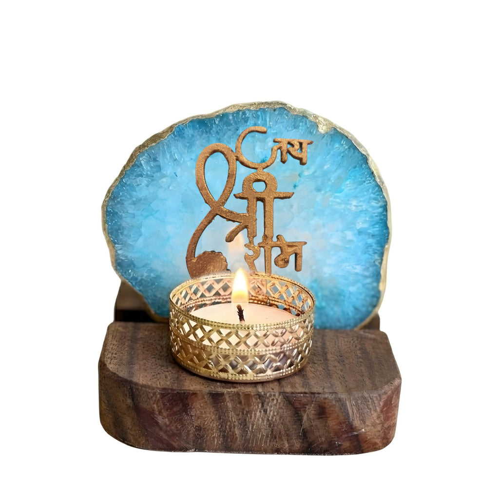 Jai Shree Ram Agate Tea Light Holder with Wood Stand