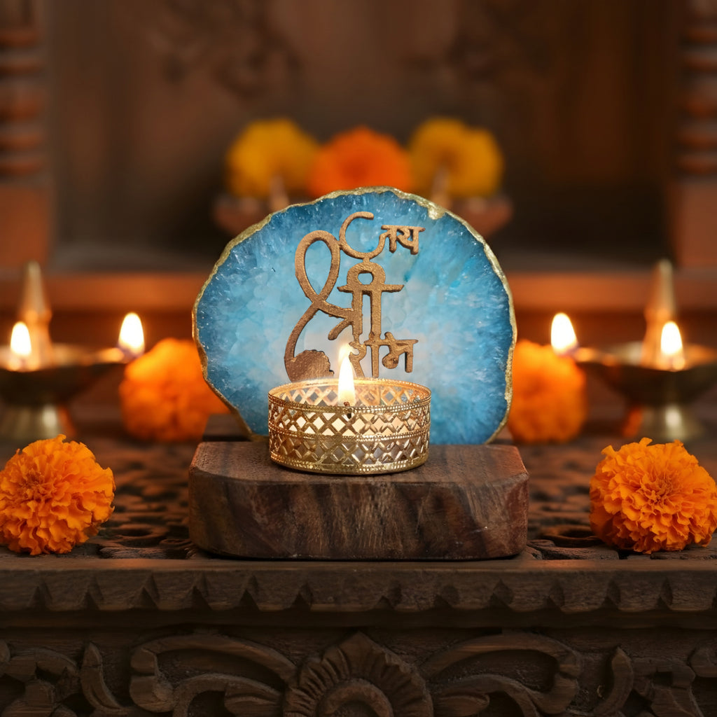 Jai Shree Ram Agate Tea Light Holder with Wood Stand