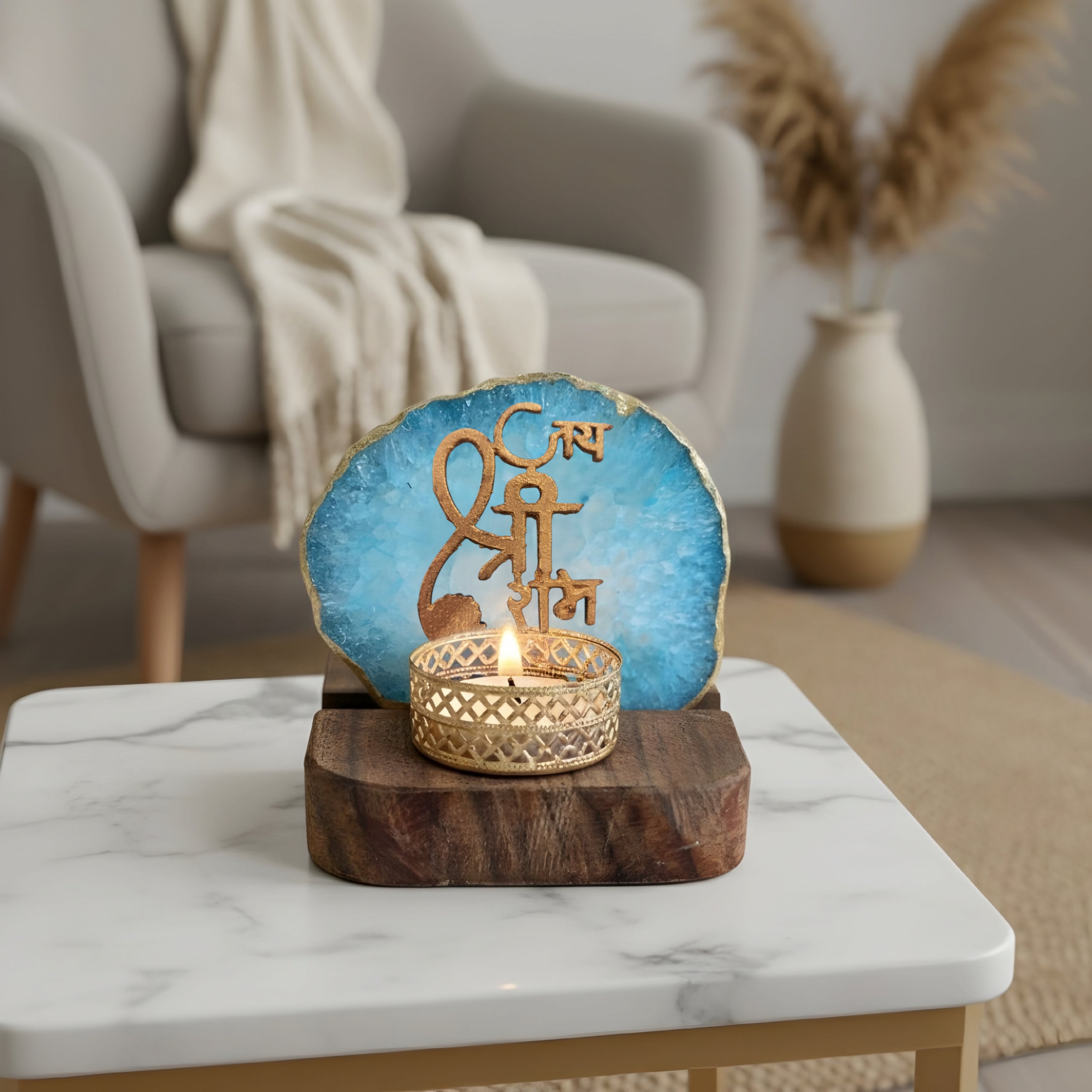 Jai Shree Ram Agate Tea Light Holder with Wood Stand